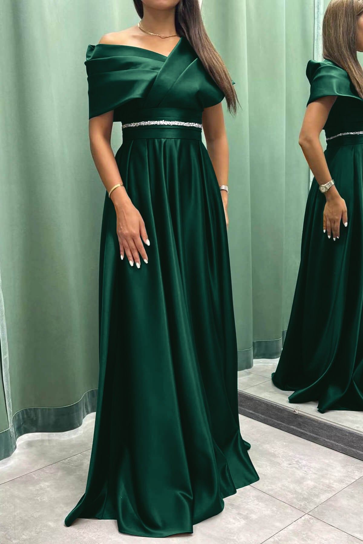 Newinlook Long Elegant Evening Dress Pleat Off-The-Shoulder