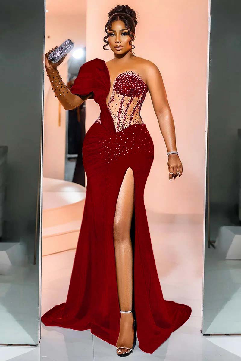 One Shoulder Long Sleeve Long Mermaid Formal Dress With Beading