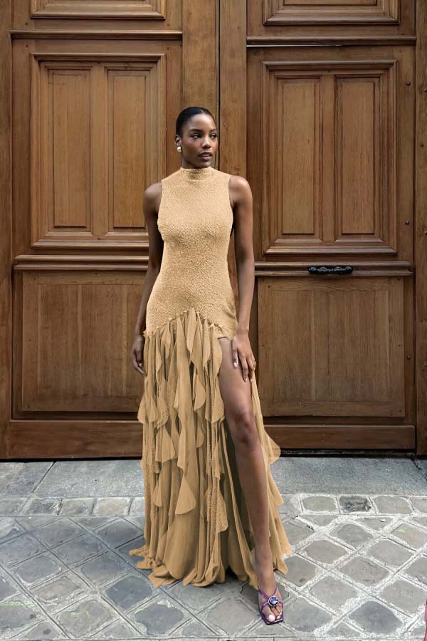 High Neck Sleeveless Long Mermaid Formal Dress With Split Ruffles