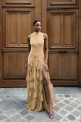 High Neck Sleeveless Long Mermaid Formal Dress With Split Ruffles
