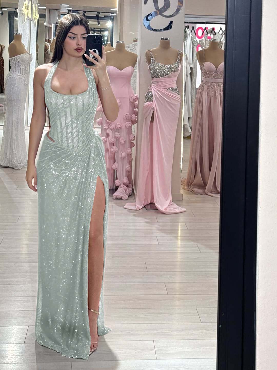 Sequins Halter Sleeveless Long Mermaid Formal Dress With Split