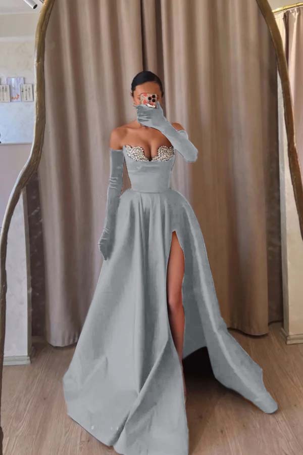 Strapless Sleeveless Long Split Formal Dress With Beading Long Gloves