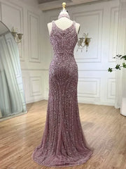Fashion Sheath Bead Embroidery Dusk Square Split Long Formal Dress