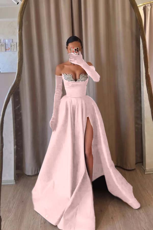 Strapless Sleeveless Long Split Formal Dress With Beading Long Gloves