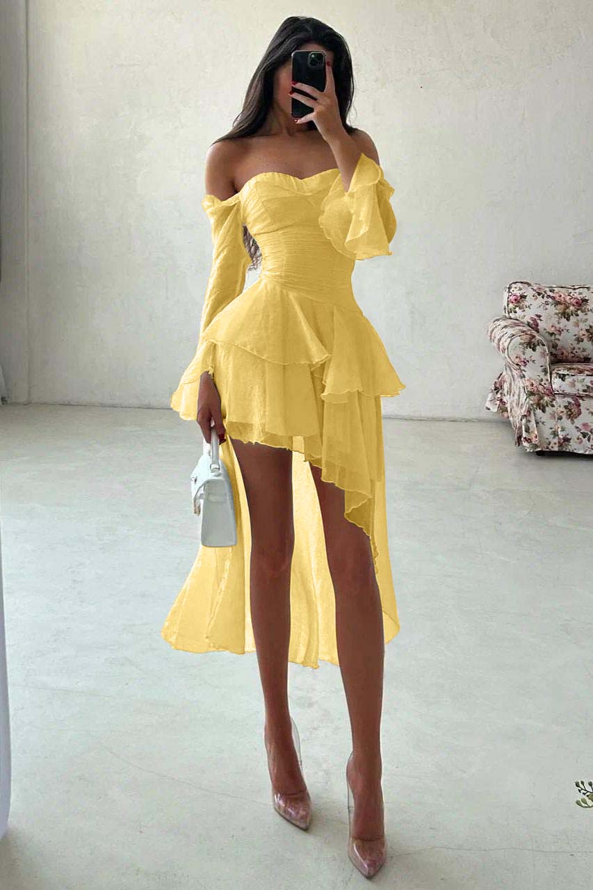 Strapless Long Sleeves Off the Shoulder Short Formal Dress With Ruffles