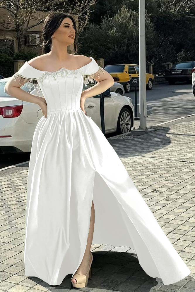 Off the Shoulder Sleeveless Long Split Formal Dress With Pleated Beading