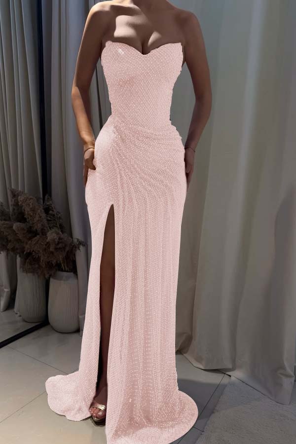 Strapless Sleeveless Mermaid Long Formal Dress With Split Pleated
