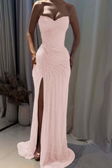 Strapless Sleeveless Mermaid Long Formal Dress With Split Pleated