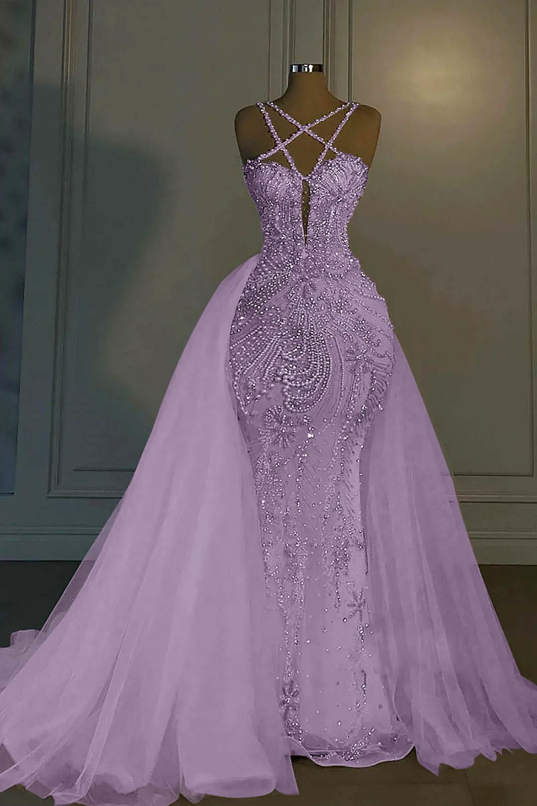 Halter Sleeveless Mermaid Long Formal Dress With Beading Tulle