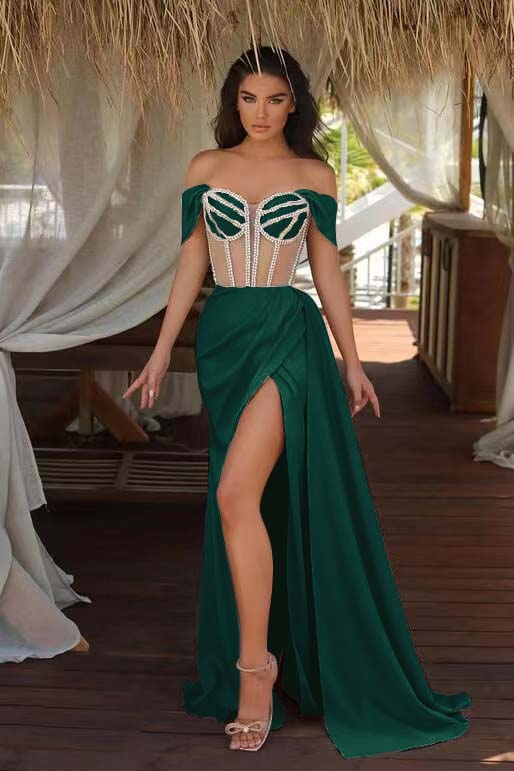 Champagne Ruffles Mermaid Formal Dress Beadings Split With Off the Shoulder