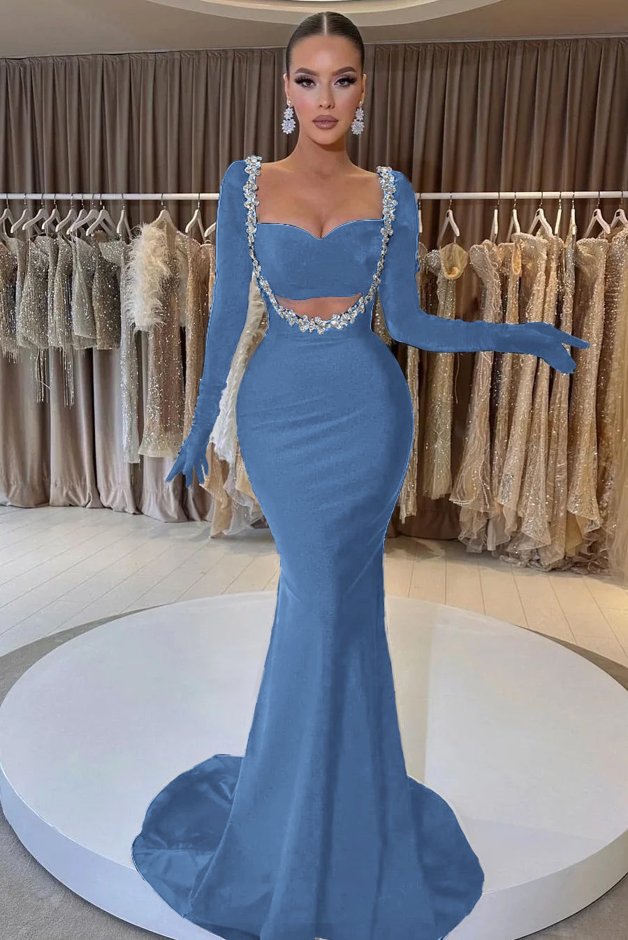 Charming Black Velvet Long Sleeve Beaded Long Mermaid Formal Dress With Gloves