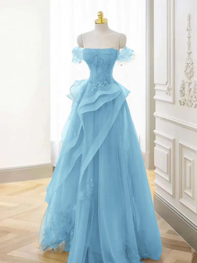 Tulle Off the Shoulder Sleeveless Long Formal Dress With Appliques