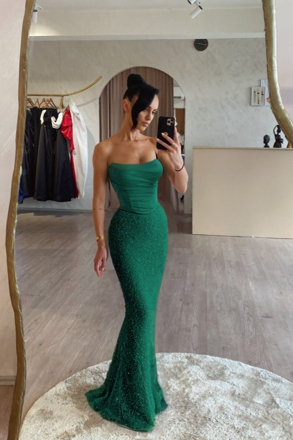 Strapless Sleeveless Long Mermaid Formal Dress With Sequin Pleated