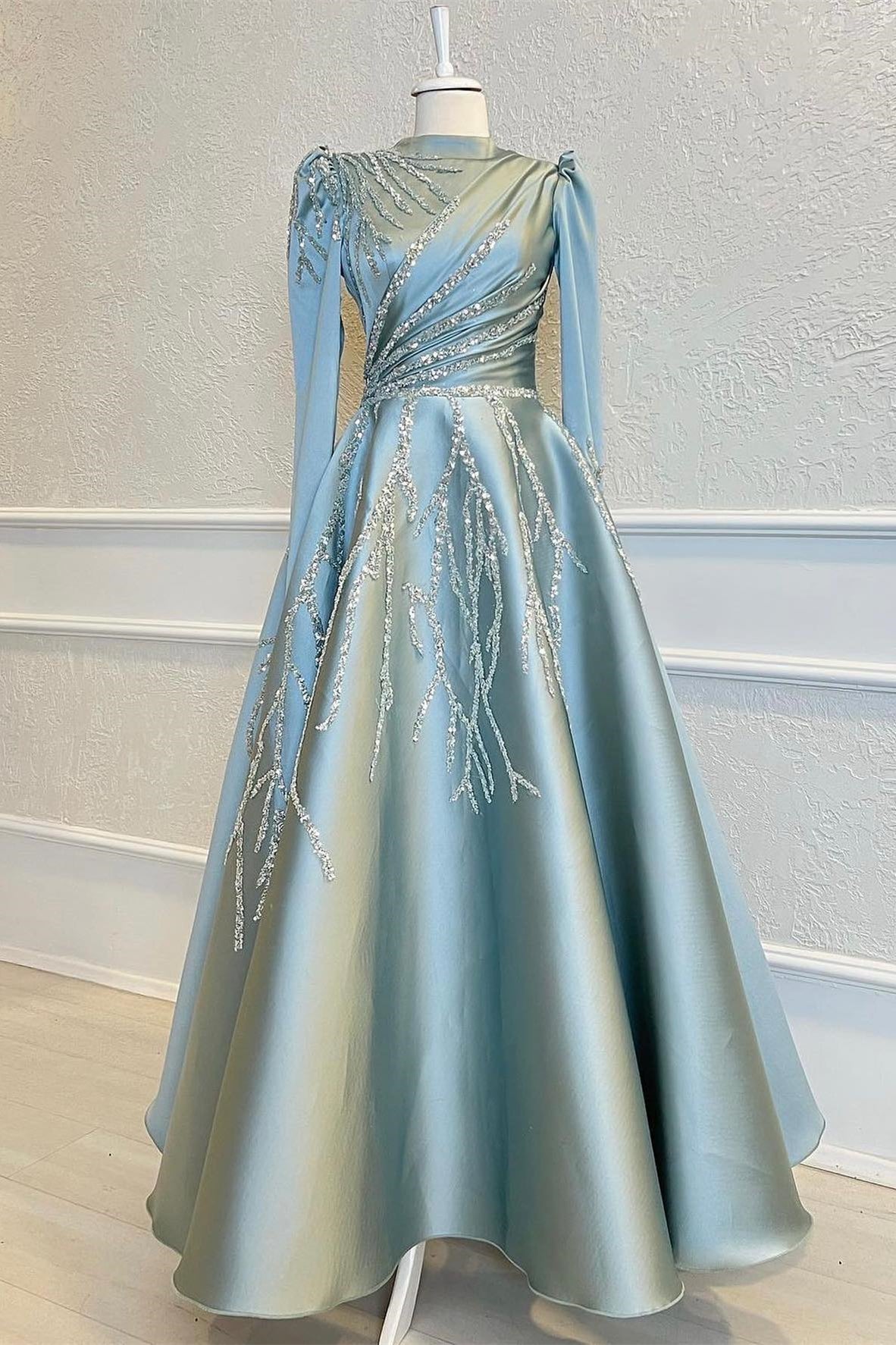 High Collar Long Sleeves A Line Beads Formal Dress With Pleated Appliques