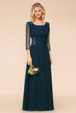 Elegant 3/4 Sleeves Ruffle Navy Chiffon Bridesmaid Dresses with Beadings