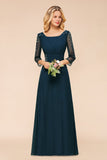 Elegant 3/4 Sleeves Ruffle Navy Chiffon Bridesmaid Dresses with Beadings