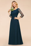 Elegant 3/4 Sleeves Ruffle Navy Chiffon Bridesmaid Dresses with Beadings
