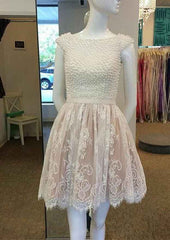 A-Line Bateau Knee-Length Lace Homecoming Dress with Beading