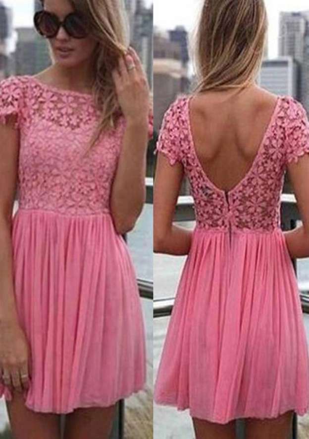 A-Line Bateau Short Sleeve Chiffon Homecoming Dress with Lace