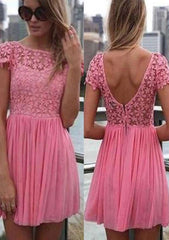 A-Line Bateau Short Sleeve Chiffon Homecoming Dress with Lace