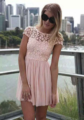 A-Line Bateau Short Sleeve Chiffon Homecoming Dress with Lace