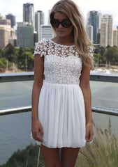 A-Line Bateau Short Sleeve Chiffon Homecoming Dress with Lace