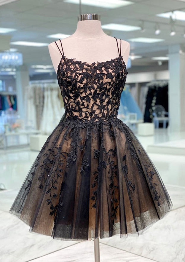A-Line Bateau Sleeveless Lace Tulle Homecoming Dress with Beading