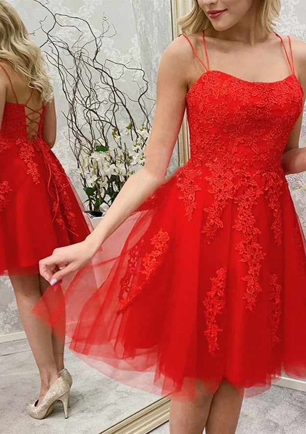 A-Line Bateau Sleeveless Lace Tulle Short/Mini Homecoming Dress with Beading