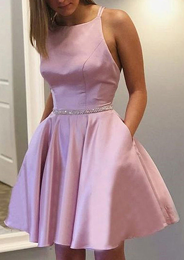 A-Line Bateau Sleeveless Satin Short Homecoming Dress with Beading