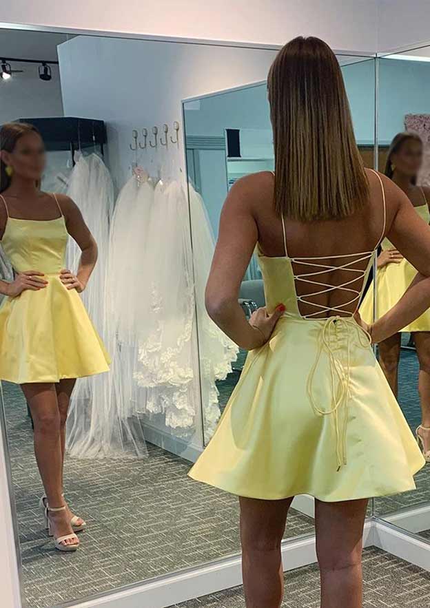 A-line Charmeuse Homecoming Dress with Square Neckline and Sleeveless Style