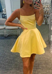 A-line Charmeuse Homecoming Dress with Square Neckline and Sleeveless Style