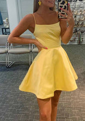 A-line Charmeuse Homecoming Dress with Square Neckline and Sleeveless Style