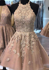 A-line Halter Homecoming Dress with Beading and Lace
