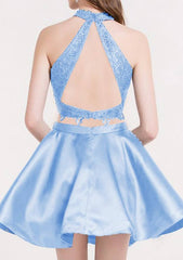 A-line Halter Satin Homecoming Dress with Ruffles