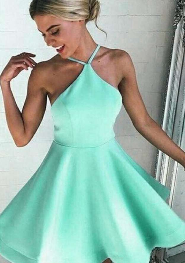 A-Line Halter Sleeveless Mini Satin Homecoming Dress