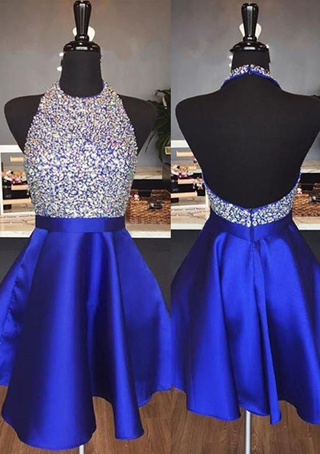 A-line Halter Sleeveless Satin Short/Mini Homecoming Dress with Beading Sequins