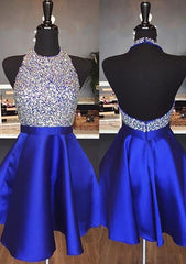 A-line Halter Sleeveless Satin Short/Mini Homecoming Dress with Beading Sequins
