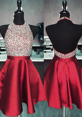 A-line Halter Sleeveless Satin Short/Mini Homecoming Dress with Beading Sequins