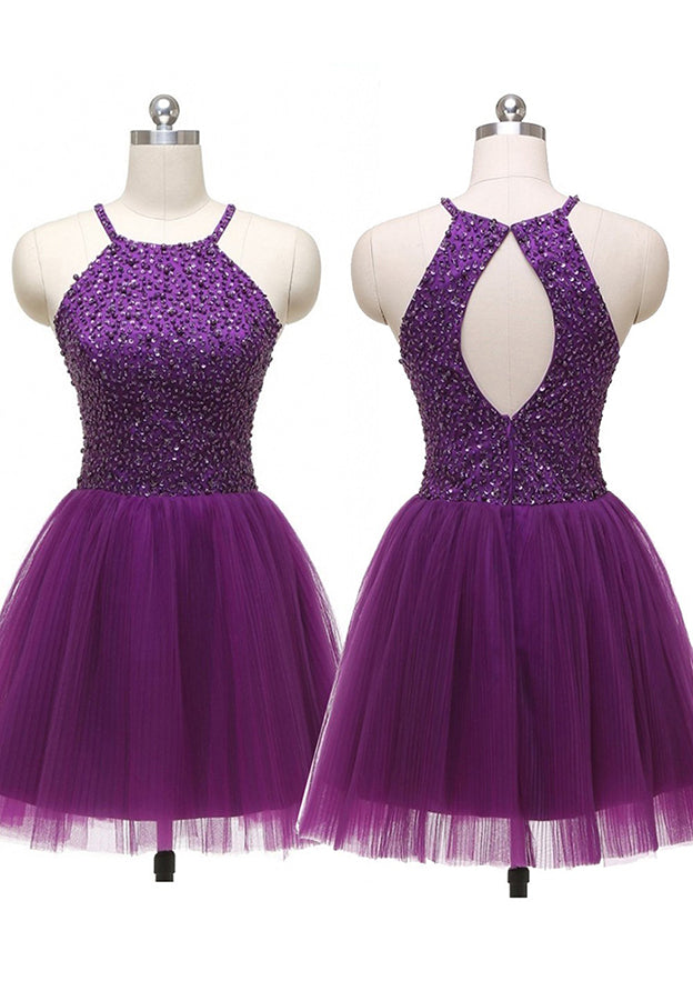 A-line Halter Sleeveless Tulle Homecoming Dress with Beading, Pleated Sequins