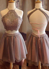 A-Line Halter Tulle Homecoming Dress with Lace