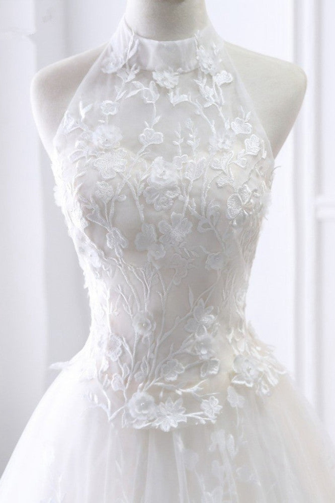 Elegant A-Line Halter Tulle White Wedding Dress Sleeveless Appliques Bridal Gowns On Sale