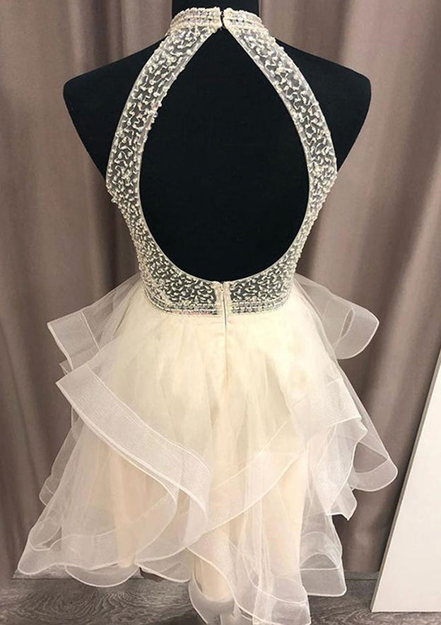 A-Line High-Neck Homecoming Dress with Beading and Organza Skirt
