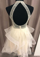 A-Line High-Neck Homecoming Dress with Beading and Organza Skirt
