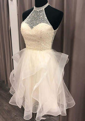 A-Line High-Neck Homecoming Dress with Beading and Organza Skirt