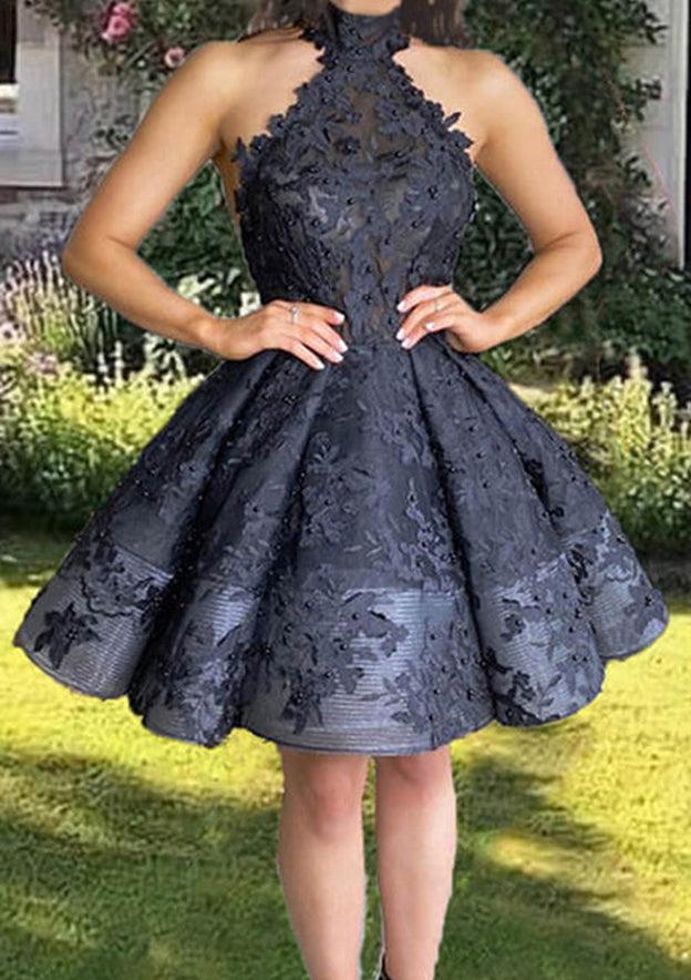 A-line High-Neck Lace Short Dress with Appliqu¨¦s for Homecoming