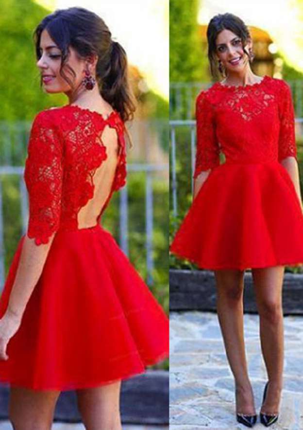 A-Line Illusion Neck Half Sleeve Satin Homecoming Dress with Lace