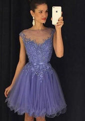 A-Line Illusion Neck Sleeveless Homecoming Dress With Appliqued Beading and Tulle Short Skirt