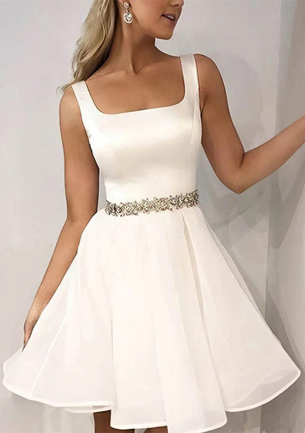 A-line Mini Tulle Homecoming Dress with Beading and Square Neckline