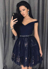 A-Line Off-the-Shoulder Knee-Length Lace Homecoming Dress with Beading