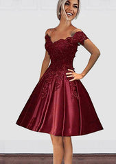 A-line Off-the-Shoulder Satin Homecoming Dress with Appliqued Beading
